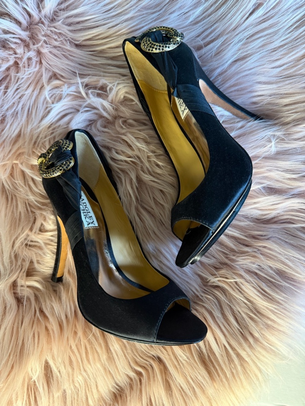 Badgley Mischka Eavan Open Toe Satin Pumps Heels Black Size 6,5